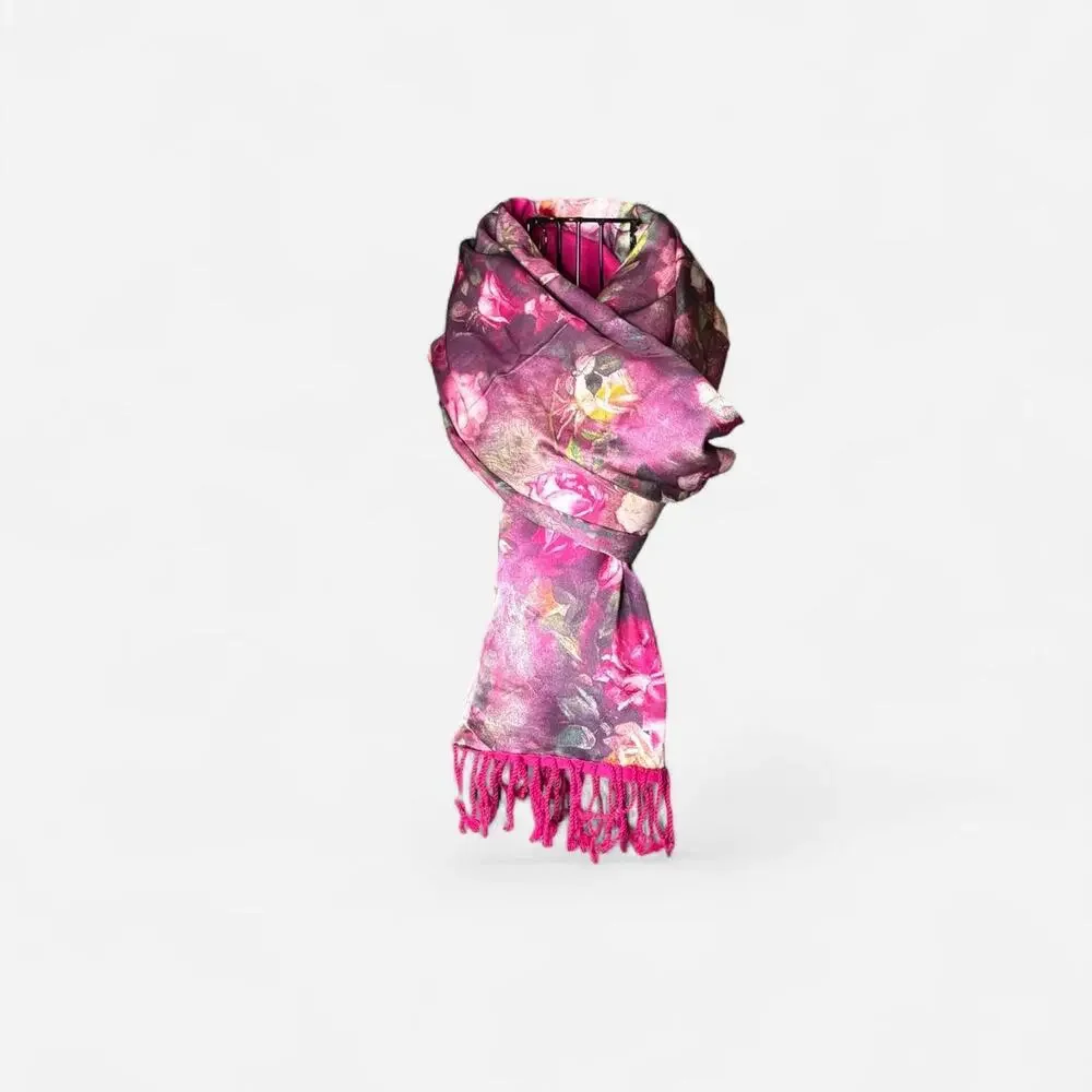Luxury 100% Mulberry Silk Rose Floral Graphic Print Pashmina Scarf Fringe Trim